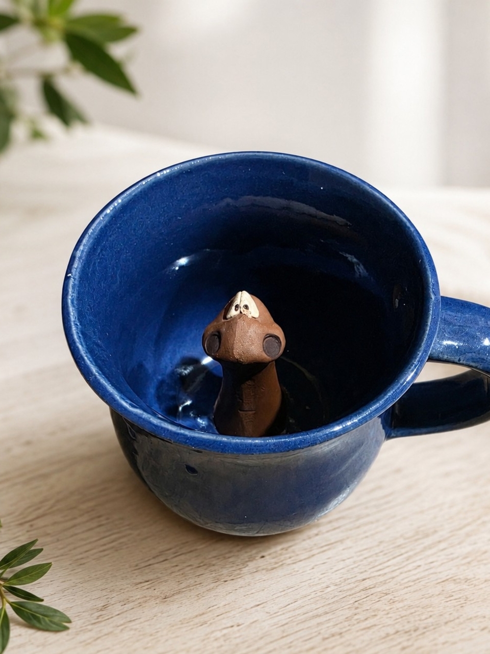 Blue Mug Ceramic with Cute Figure Inside Handmade Pottery EUC